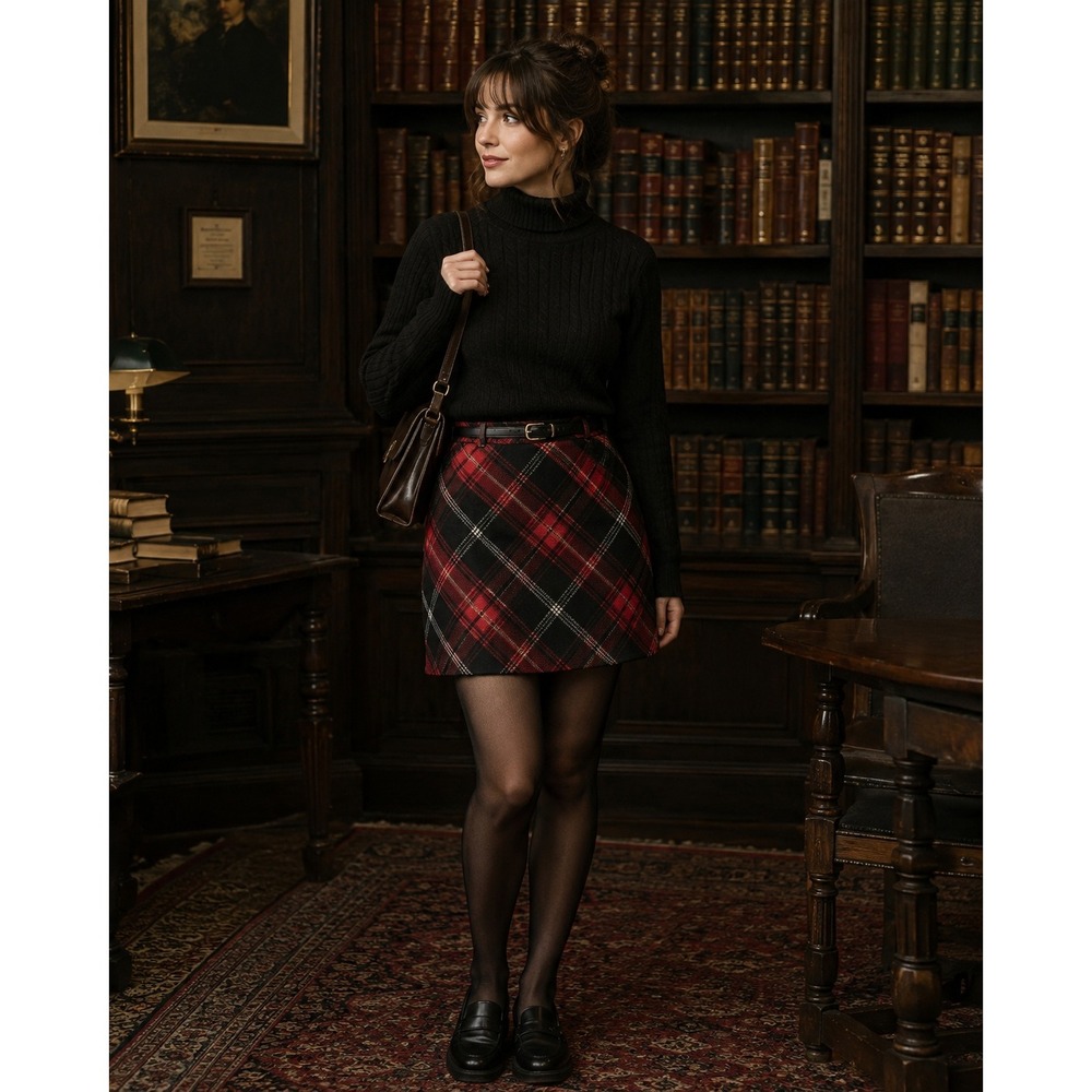 Bloomingdales Tahari Wool Tartan Plaid Mini Skirt Lined Red Black 6 Academia
